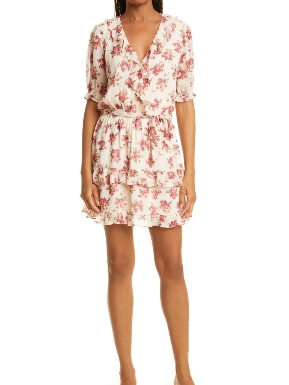PAIGE Evonna Silk Floral Faux Wrap Dress Color: Nude Cream Cherry Red Size: M